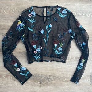 Forever 21 Floral Embroidered Sheer Mesh Black Long Sleeve Top